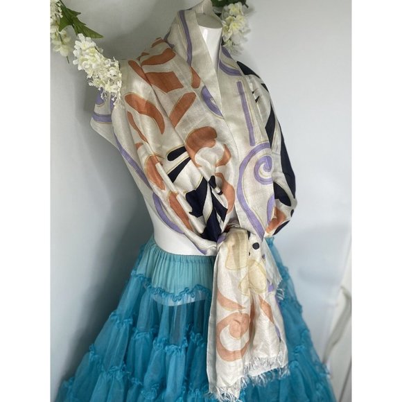 Cashmere Wrappings 100% Silk Wrap Scarf Shawl 80”x27” Cream Black Orange Purple - Picture 15 of 16